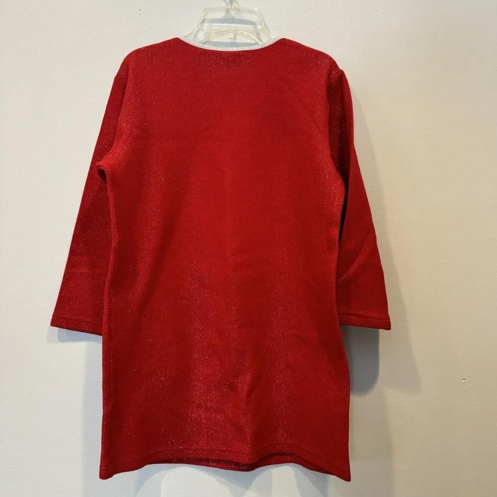 Vintage Christmas Nightgown Teddy Bear Fleece Red Sparkle Y2K Pjs Girls 10/12